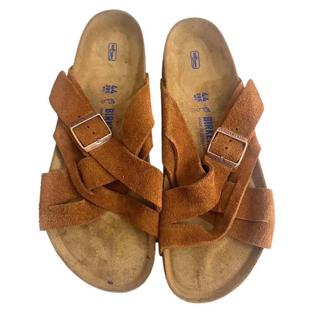 Birkenstock Men's Lugano Soft Footbed Sandals Brown Suede Copper Buckle Sz 11 M